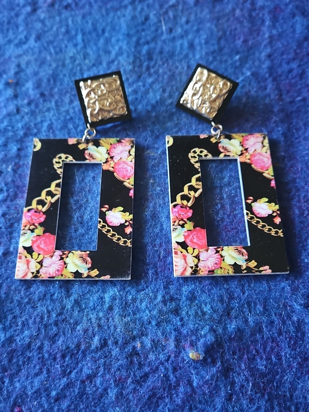 6 For $15 Floral Chain Black Rectangular Drop Earrings